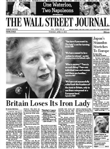 《華爾街日報(bào)》歐洲版頭版有關(guān)撒切爾離世報(bào)道 《華爾街日報(bào)》歐洲版頭版有關(guān)撒切爾離世報(bào)道